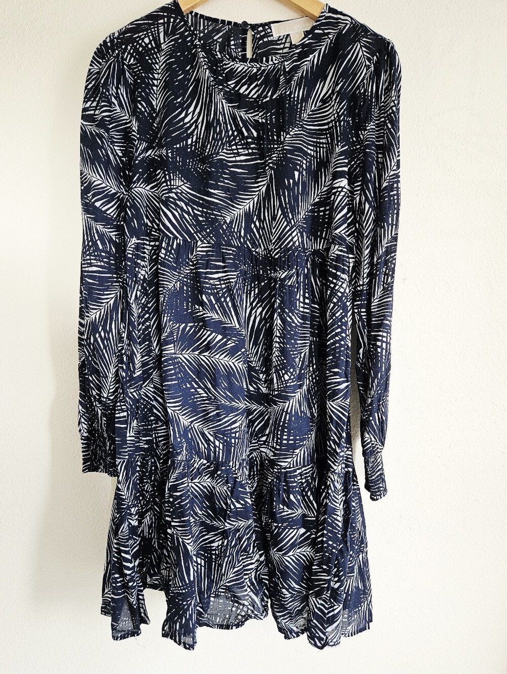 Michael Kors Navy and White Palm-Print Long-Sleeve Tiered Cotton Sun Dress